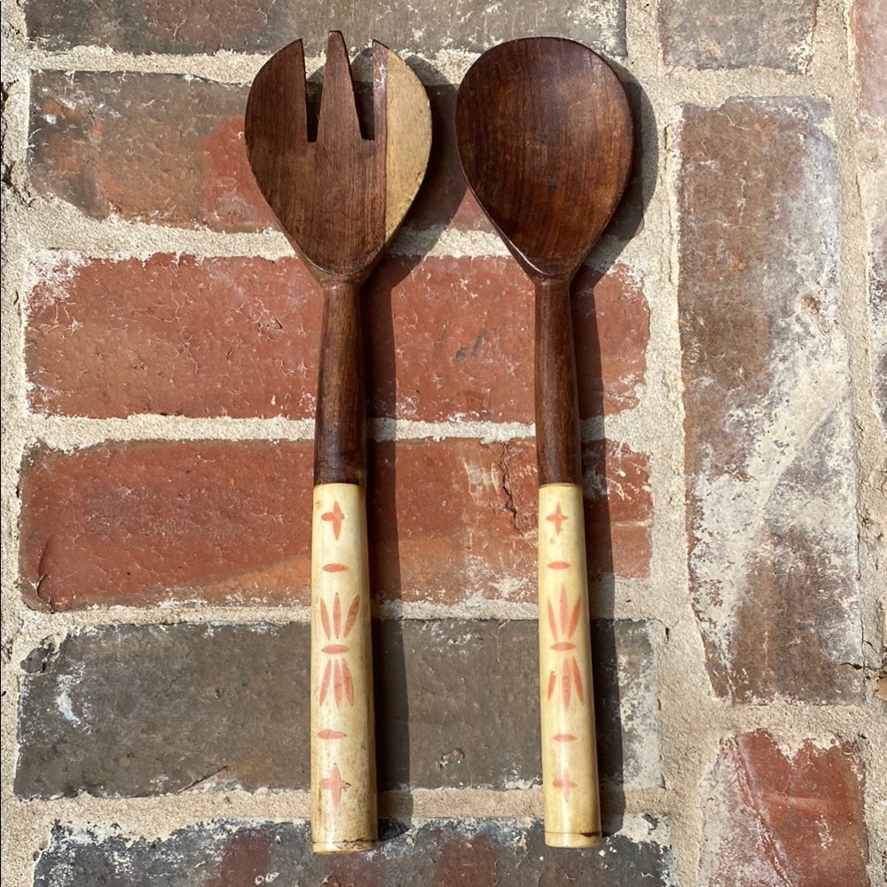Handcrafted Wooden Salad Servers with Bone Handles